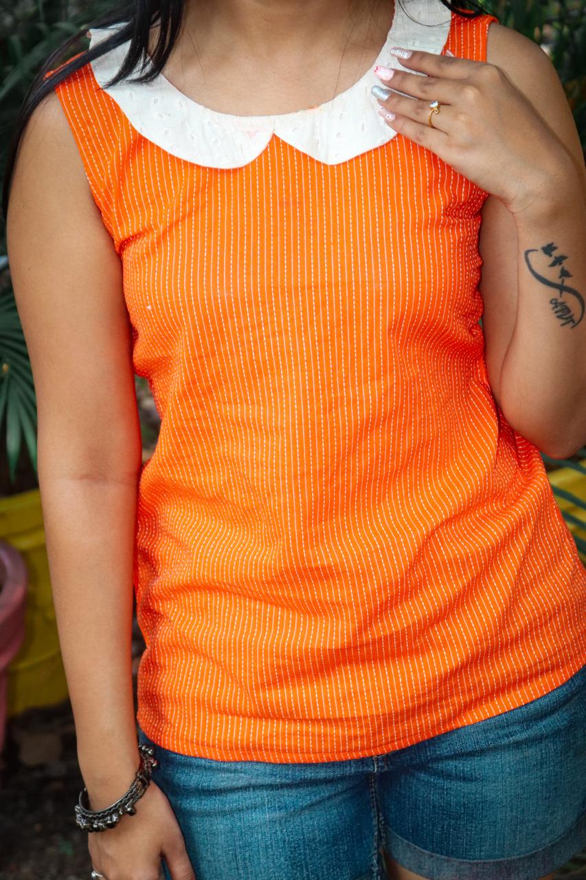 Orange Short kurti, short kurti, collar short kurti, cotton short kurti