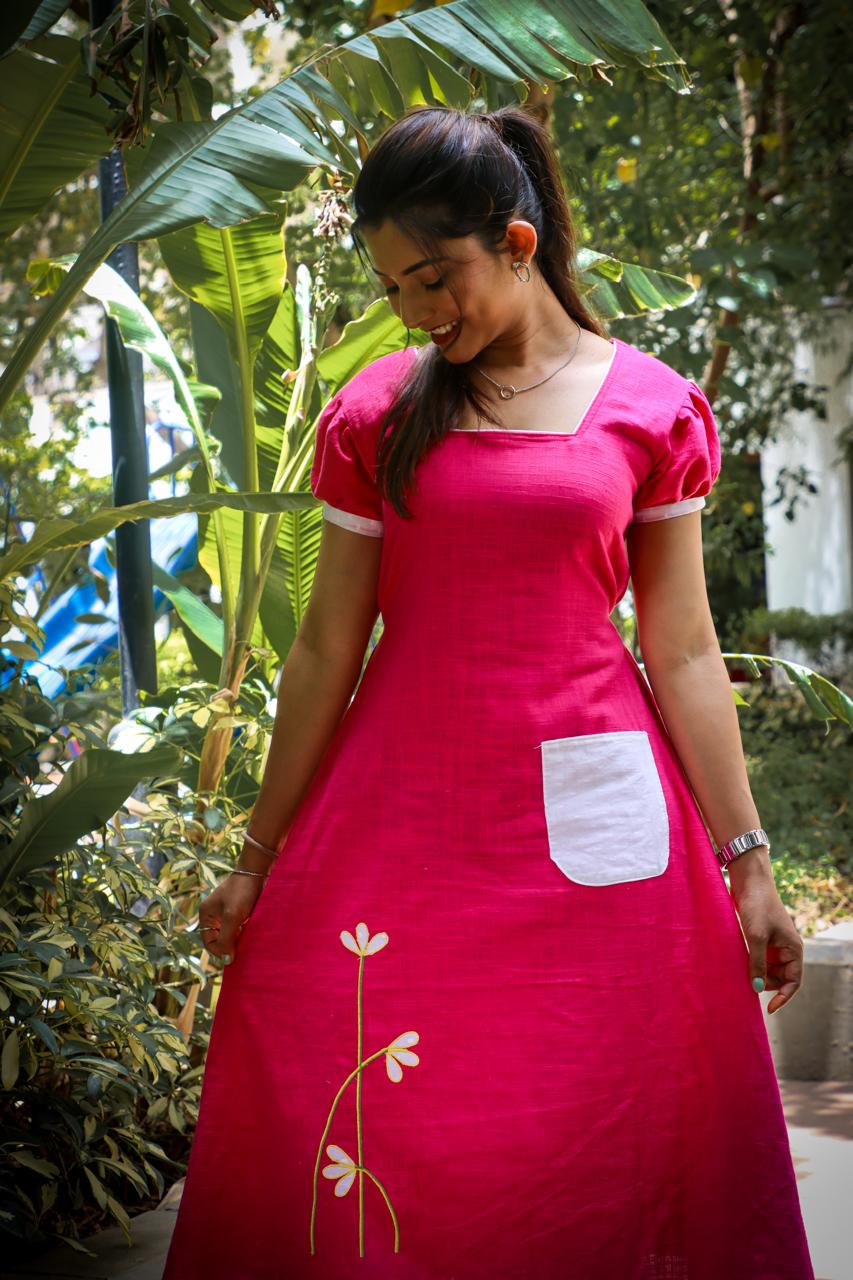 Pink Embroidery dress, pink dress, long one piece, long one piece dress, cotton long one piece dress